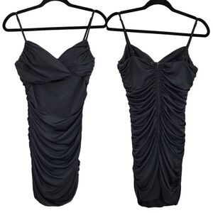 Vintage 80's Rubber Ducky Dress Formal Ruched Bodycon Spaghetti Satin‎ Black M